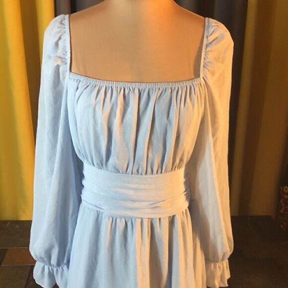 NWT Exlura Baby Blue Mini Dress Lantern Sleeves Tie Back Ruched Waist Size M - Picture 2 of 8